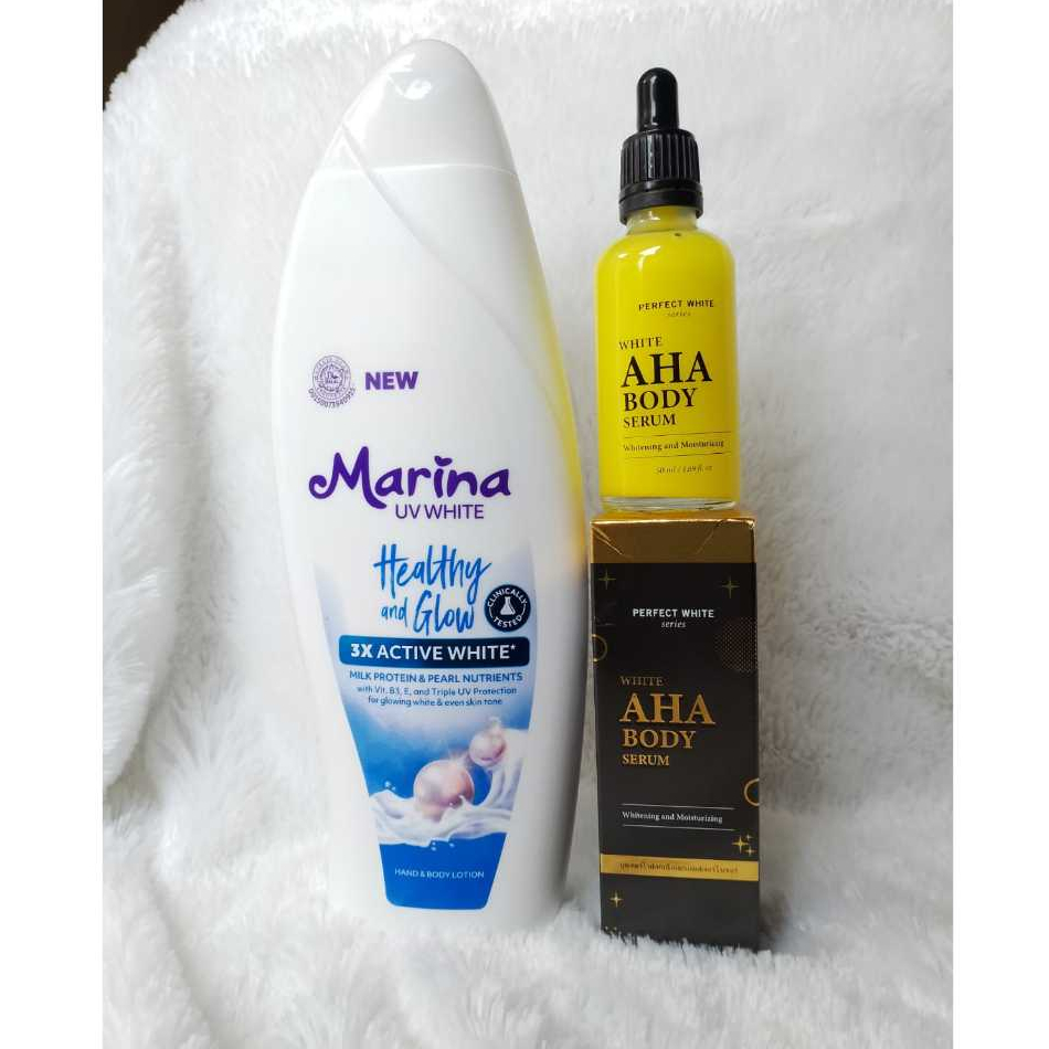 Paket viral TIKTOK pemutih badan BPOM Marina Uv White HEALTHY & GLOW 460ML & PW AHA body serum 50ML 