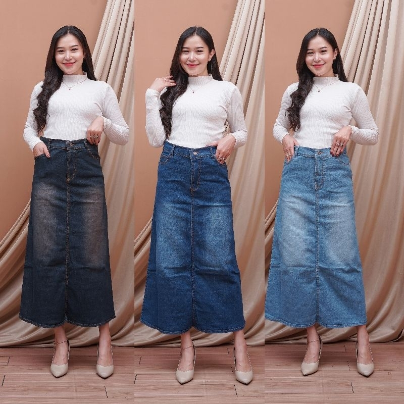 27-42 rok jins panjang wanita - rok highwaist jumbo terbaru - rok jeans A-line tebal street bigsize