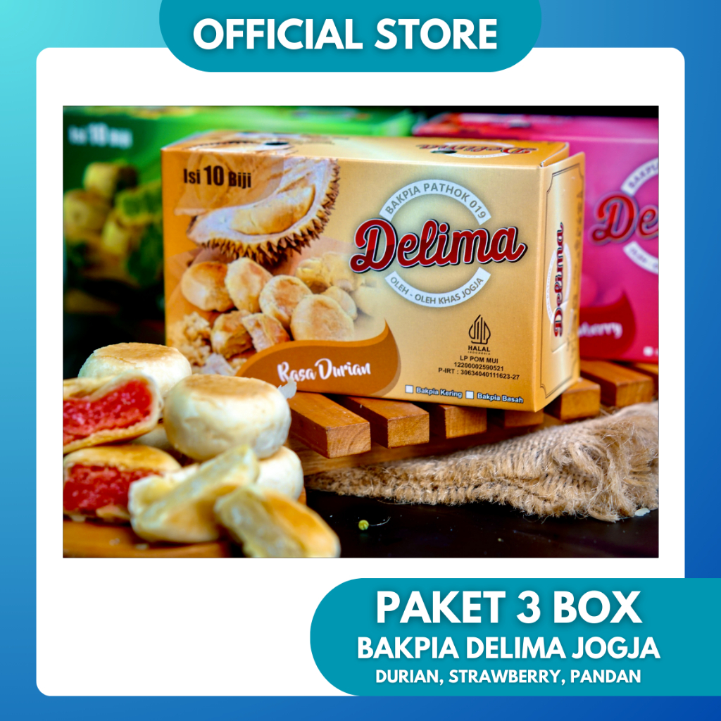 

PAKET 3 BOX BOX BAKPIA DELIMA KERING DURIAN, STROBERI, PANDAN