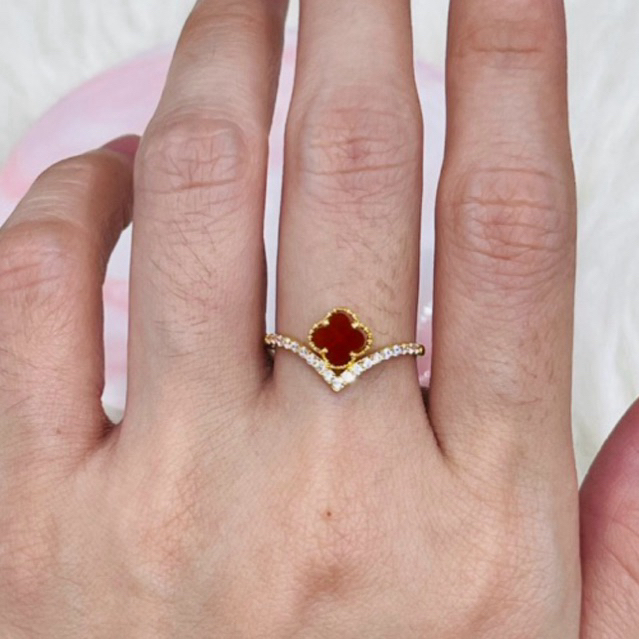 Cincin aurel clover merah AD uk 15 stengah emas asli kadar 875