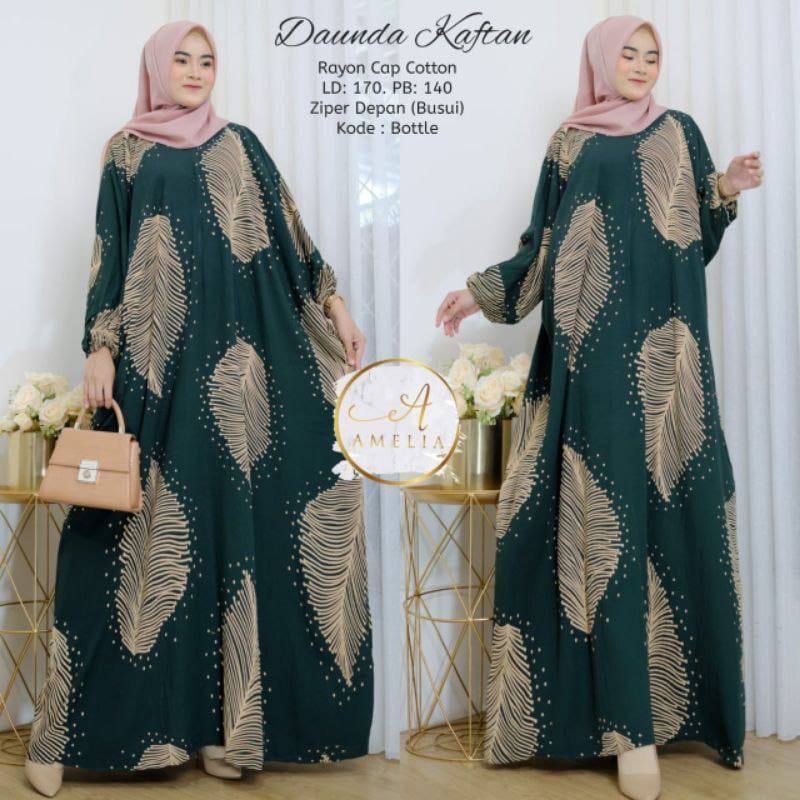 Kaftan Wanita - Daunda Kaftan Size Jumbo XXXXL Motif Daun Lengan Panjang Busui Resleting by Nadira_Fashion / Gamis Rayon Jumbo Kaftan Terbaru-Daunda botol