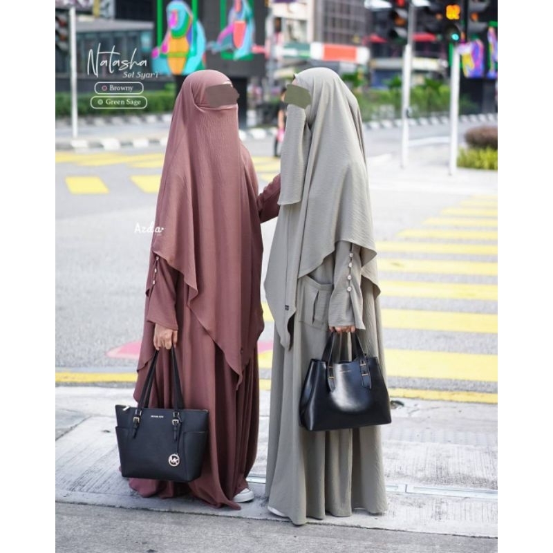 READY Set Setelan Gamis Natasha ORI Azda Plus French Khimar Fk / Bergo Non Pet Cadar Instan Crinkle Airflow Wanita Muslimah Syari