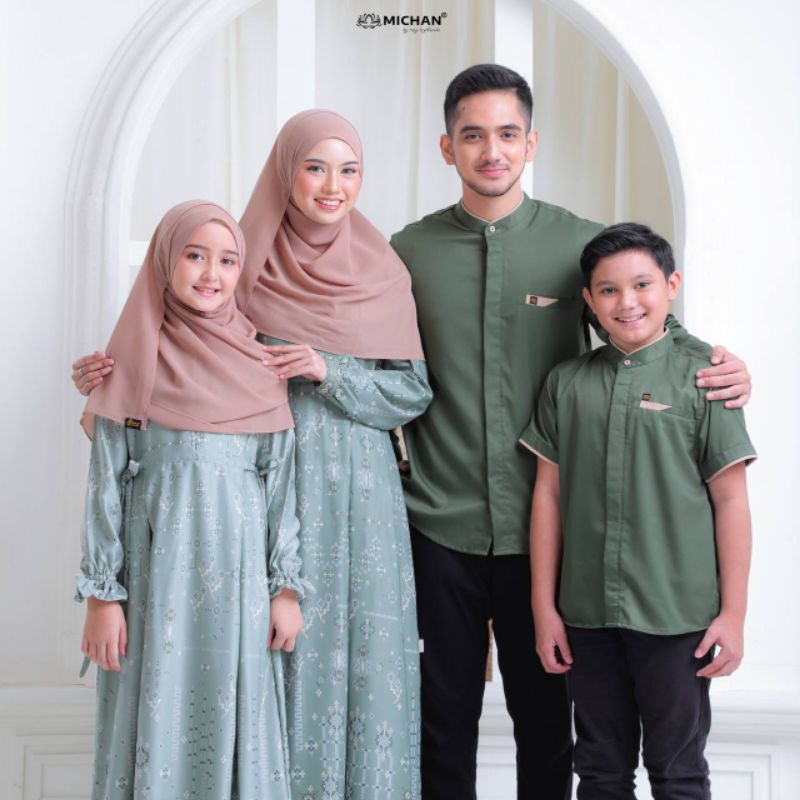 Baju Muslim Seragam Keluarga Hawa Raya Softgreen  X Koko Fuku Army Baju Muslim Couple Baju Muslim se