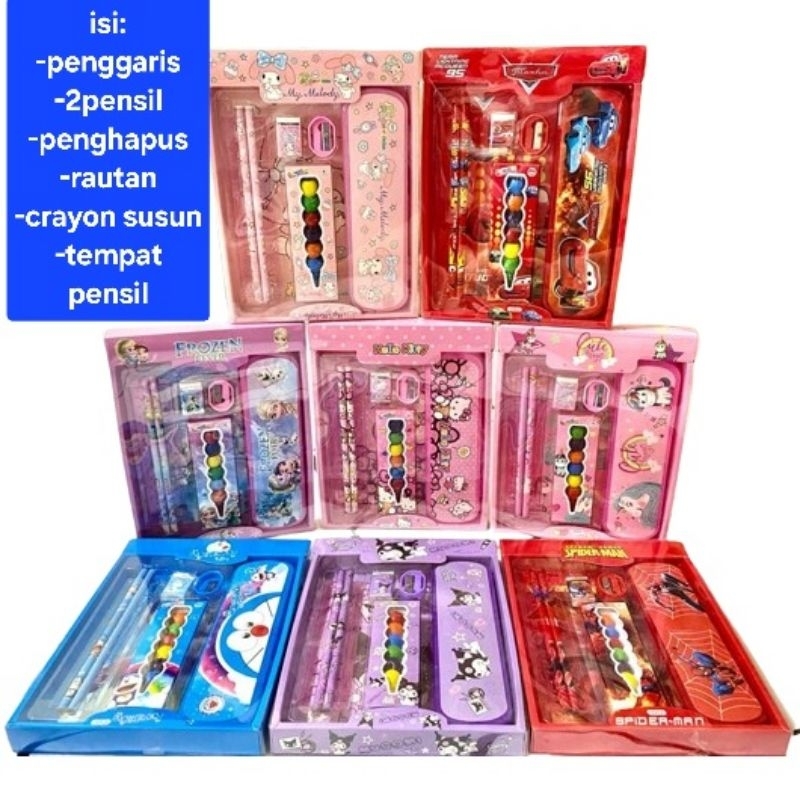 

MS | 7in1 Stationery set sanrio melody kuromi purin cinnamoroll mobil cars spiderman doraemon hello kitty/ set alas tulis anak / kado anak sekolah / hadiah anak sekolah/ study set / set alat tulis karakter