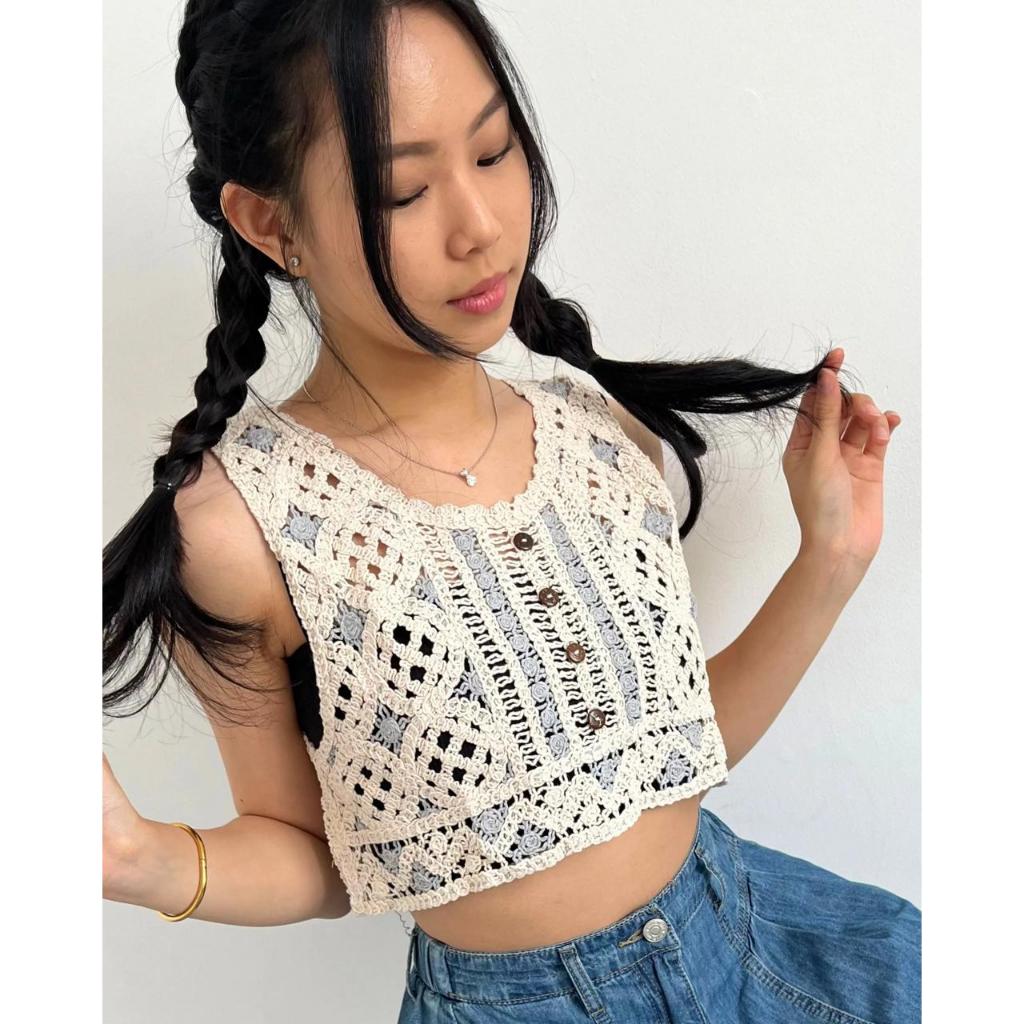 SOLAZ - SUMMER TOP | Rompi Rajut - Crochet Tanpa Lengan Basic Korean Top Rompi Rajut All Size - Baju