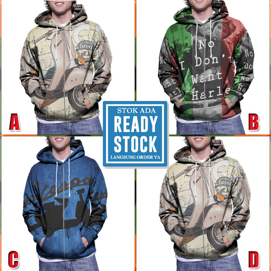Zipper Hoodie Classic Scooter Vespa Hoodie Fullprint Bahan Polyester Jersey | Size S M L XL XXL 3XL 