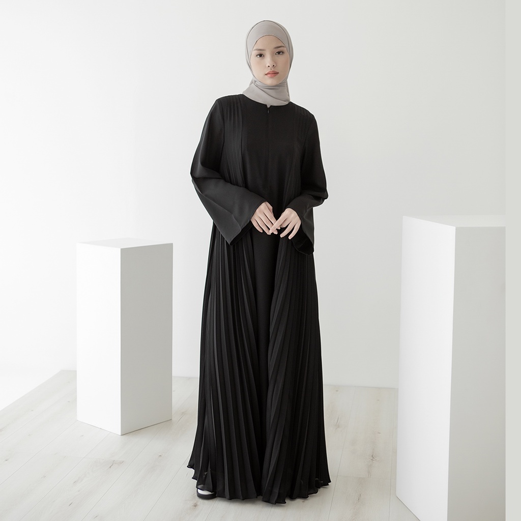 Gamis wanita plisket, dress pleats lengan panjang warna ungu muda, abu tua, hitam black