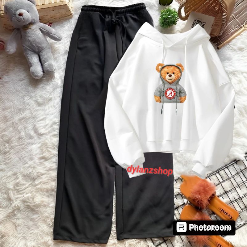 COD ✅ Setelan Sweater Hodiee dan Celana kulot Wanita Remaja Kekinian BEAR TOPI