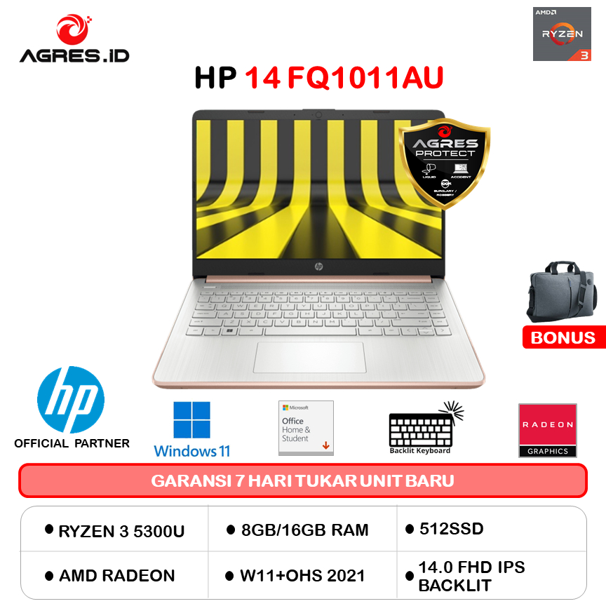 HP 14 RYZEN 3 5300 16GB 512GB W11+OHS 14.0FHD IPS BLIT 2Y GLD -FQ1011AU