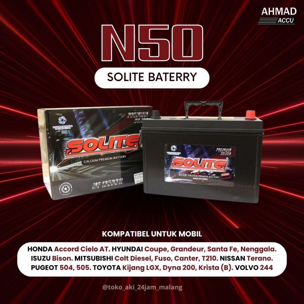 Aki Mobil Solite 48D26R/N50/50AH Kompatibel untuk mobil HONDA Accord Cielo AT. HYUNDAI Coupe, Grande