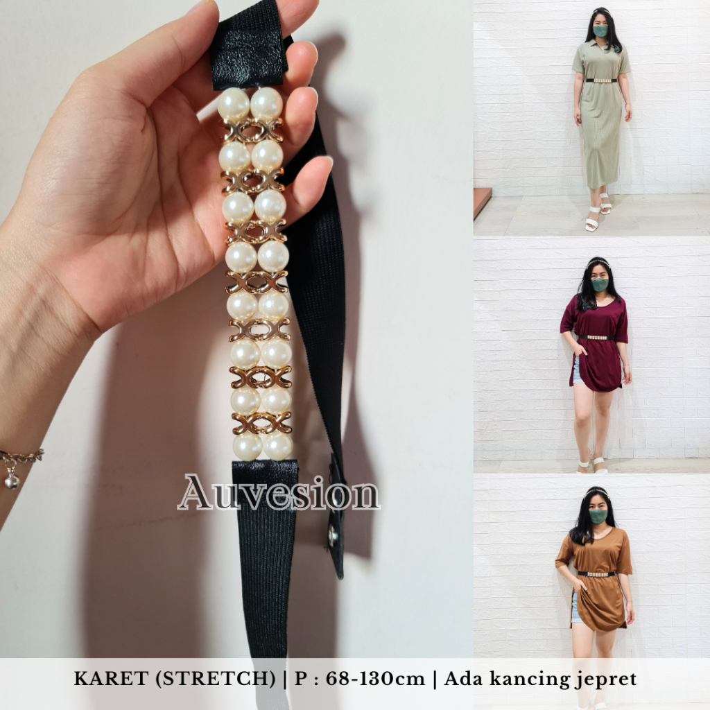 belt pearl mutiara karet merat rantai hitam elegant wanita