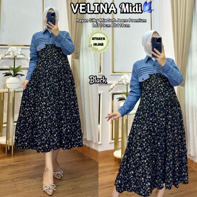 ardelia dress jeans import vin gamis denim kombinasi gamis rayon motif bunga dress gamis import gami