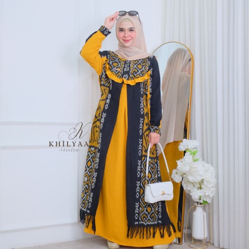 KhilyaaFashion-GAMIS LEBARAN BATIK TENUN ELEGANT MOTIF TERBARU / DRESS ETNIK WANITA POLOS KOMBINASI 