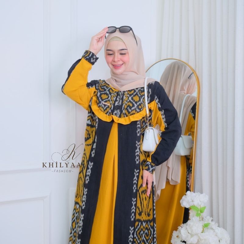 KhilyaaFashion-DRESS BATIK TENUN ELEGANT MOTIF TERBARU / GAMIS ETNIK WANITA POLOS MIX KOMBINASI TENUN MEWAH BEST SELLER