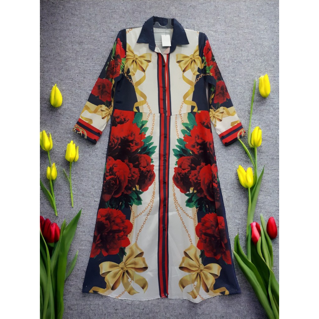 GAMIS PESTA MERAH MOTIF LD 90 PB 130 LIKE NEW