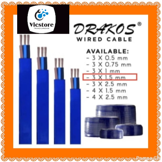Kabel biru gepeng pompa satelit DRAKOS 3x1.5 mm 50mtr 3 core 0.5 hp meter