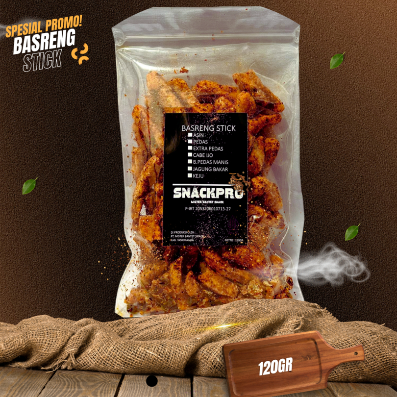 

120gr Basreng Stick Pedas Gurih Daun Jeurk - Misterbantet Snackpro