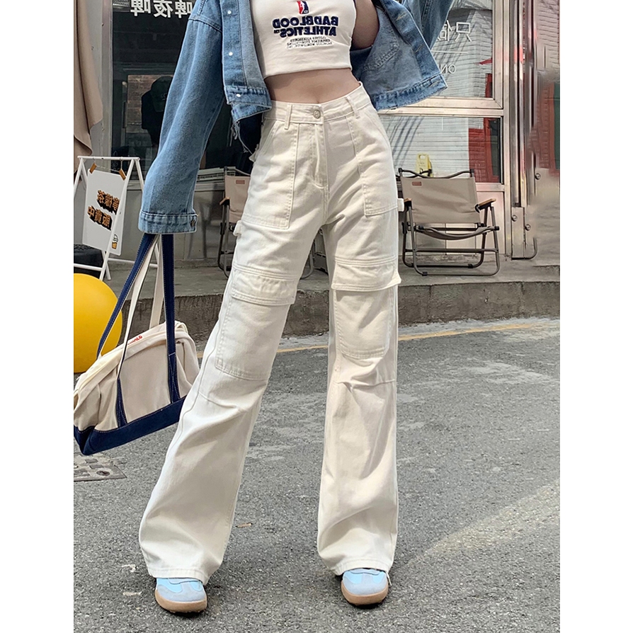 Baggy Straight Jeans Kargo Korean Style Putih Celana Jeans Wanita Panjang Street Style