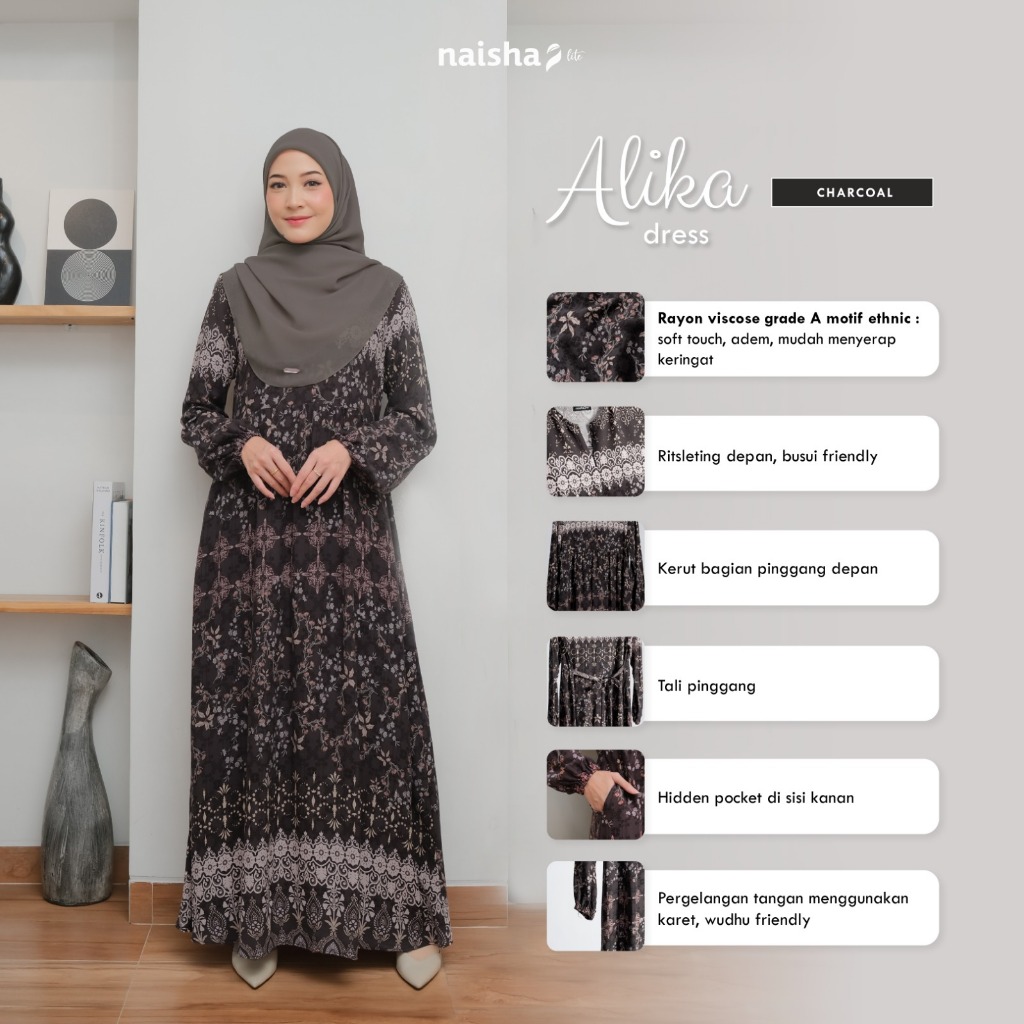 Naisha Official - Naisha Lite Alika Dress | Dress Motif Floral Etnic | Gamis Rayon Motif-2