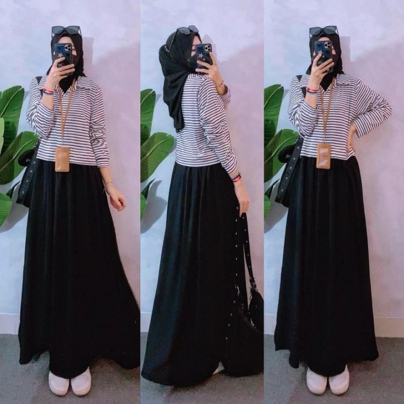 Lurika Maxy @165rb dress wanita warna hitam dusty pink biru gamis cewe motif salur bahan Kaos knite 