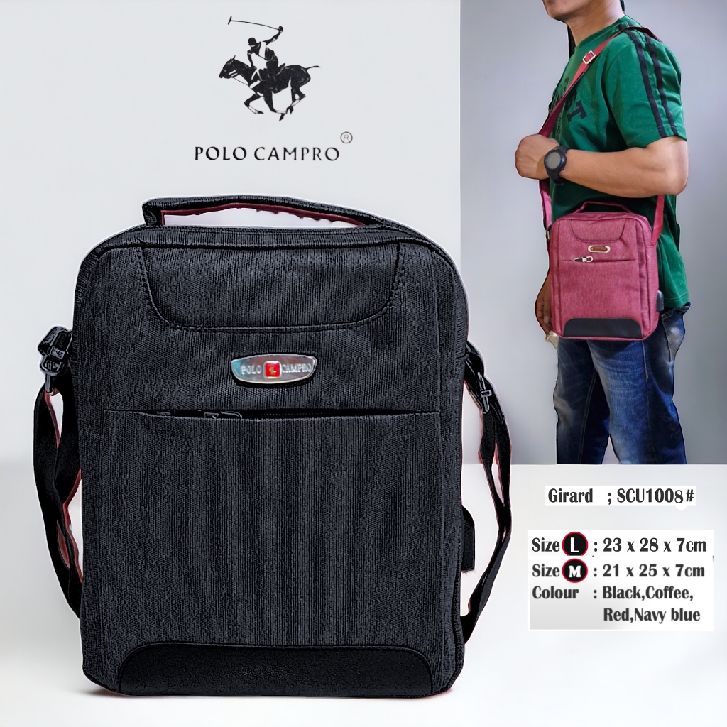 Tas Selempang POLO CAMPRO Tebal Import  Slingbag Pria Ukuran L Dan M Dengan Port USB #1006