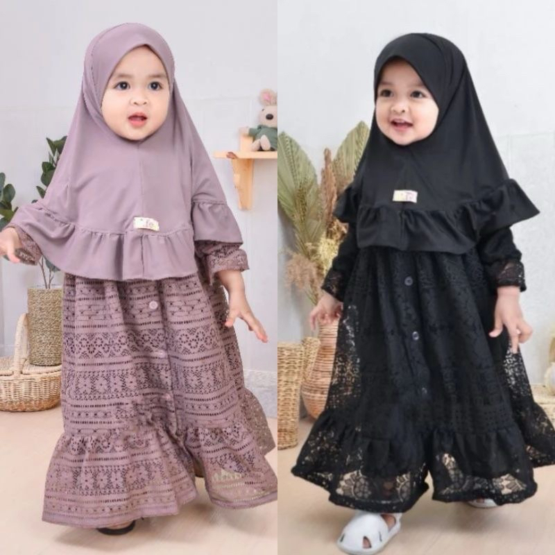 Gamis Anak Aluna Kids-Gamis Brokat Tille  Gamis Plus Hijab Mix Hyget-Anak Bayi Usia 1-3Tahun Terbaru