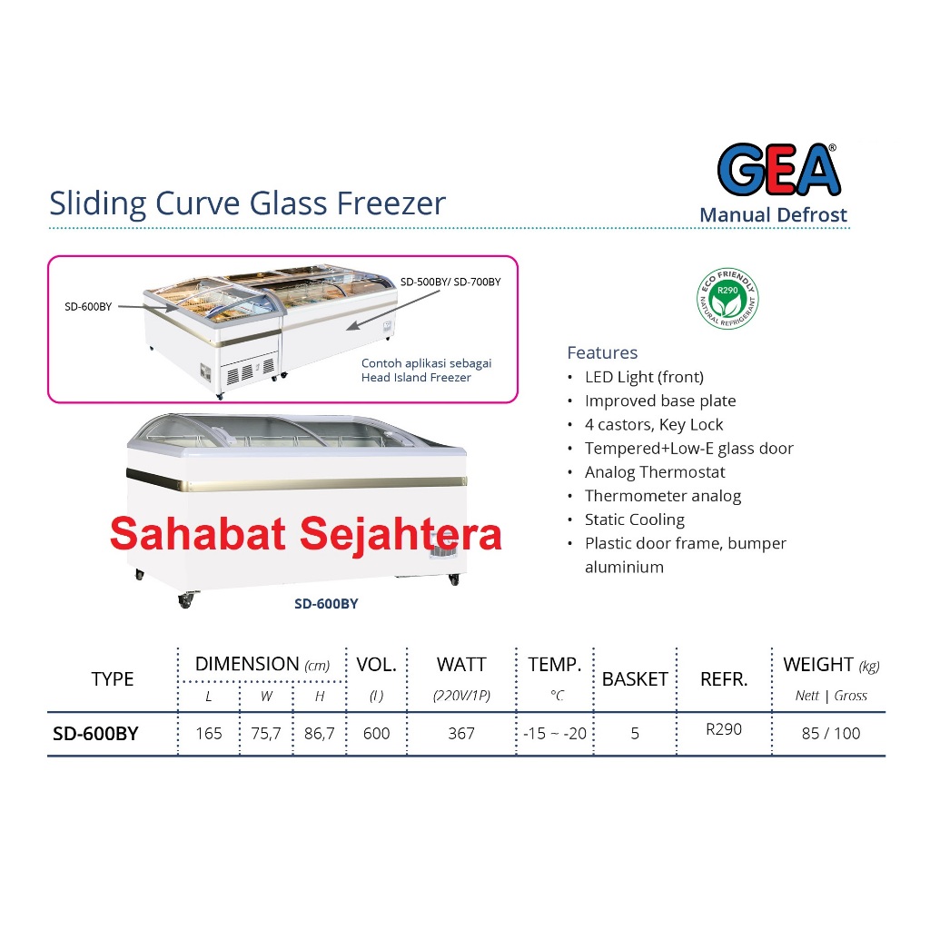 GEA Sliding Curve Glass Frezeer SD-600BY Freezer Sliding Kaca