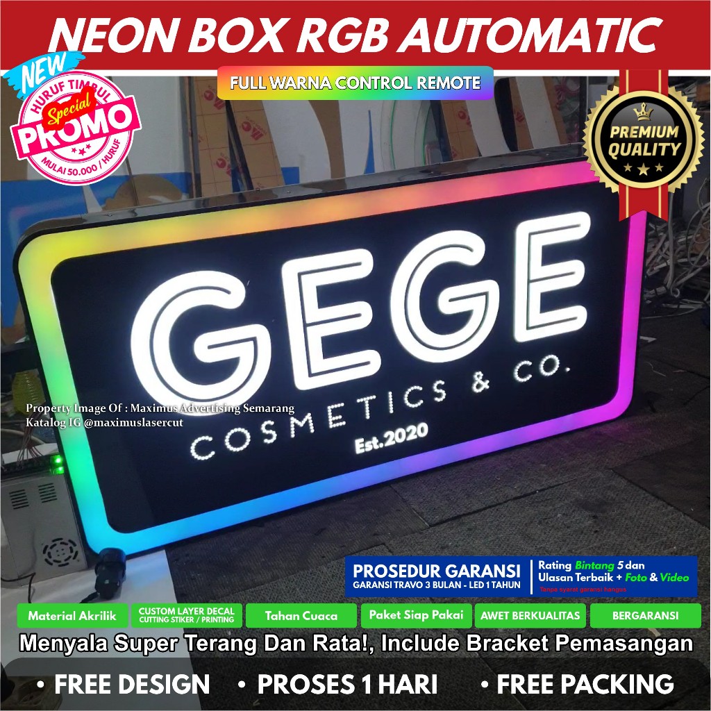Premium Neon Box Unik Akrilik Full Warna Bulat Kotak 1 sisi 2 sisi Free Design