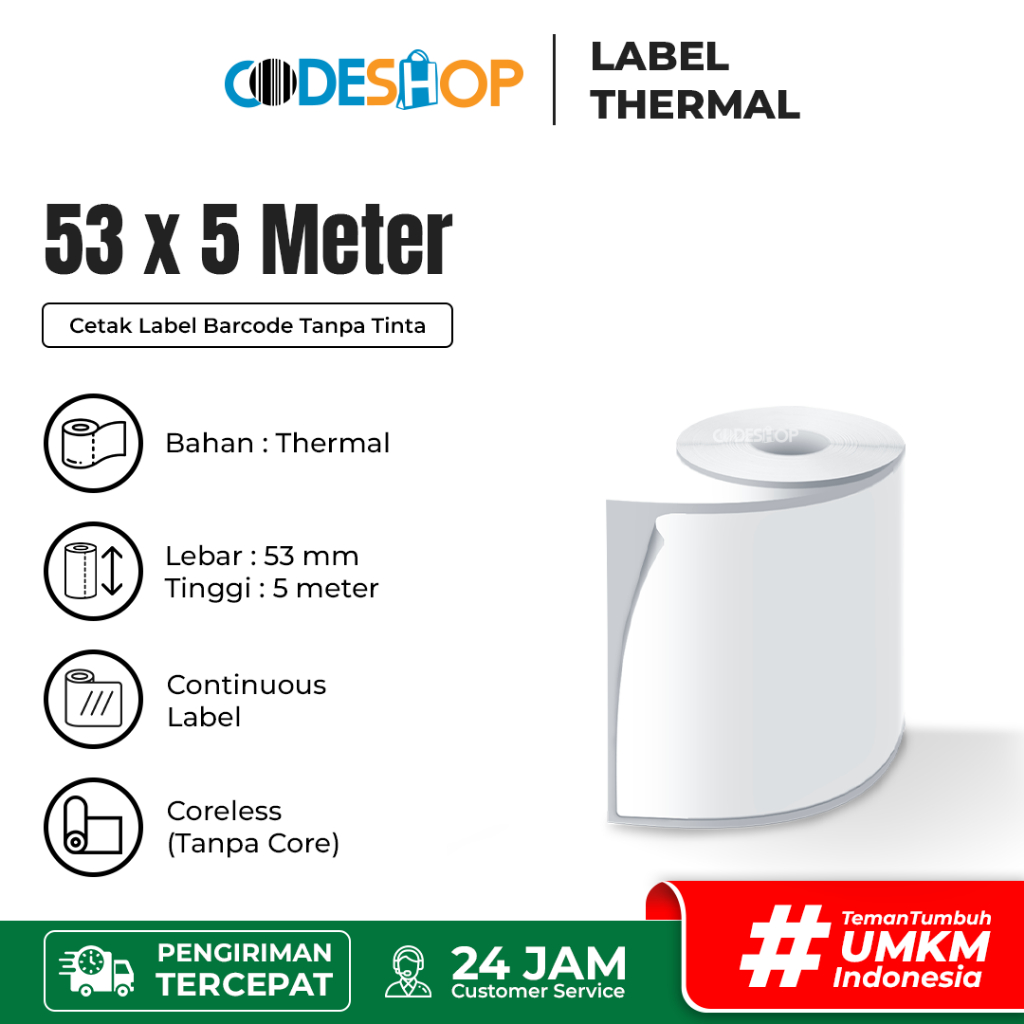 

Label Thermal Codeshop 53mm x 5m Coreless Sticker Printer Kasir 58mm
