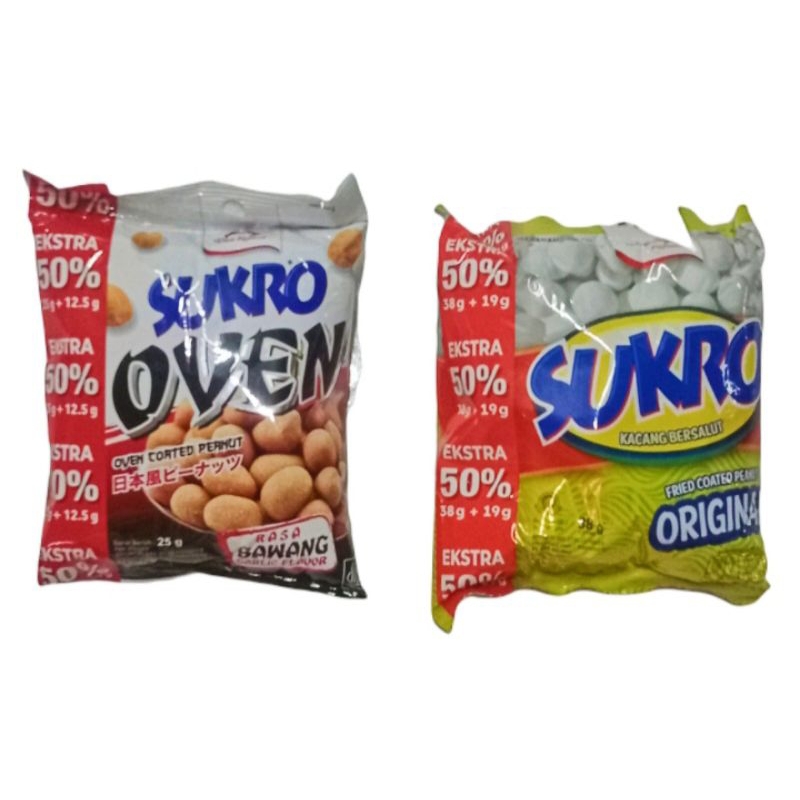 

Kacang Sukro Original 38gr + 19gr / Sukro Oven 25gr + 12,5gr 2000 Extra 50% Pilus Dua Kelinci