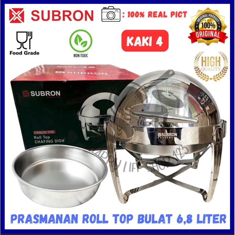SUBRON ROUND CHAFING DISH / PRASMANAN ROLL TOP STAINLESS STEEL 6.8 LITER TUTUP STAINLESS / ROLL TOP