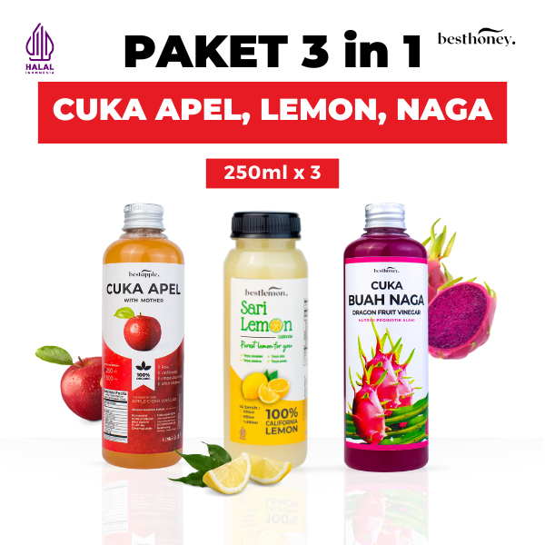 

Paket Bundling 3 in 1 Diet Sehat - Cuka Apel 250ML - Sari Lemon 250ML - Cuka Buah Naga 250 ML