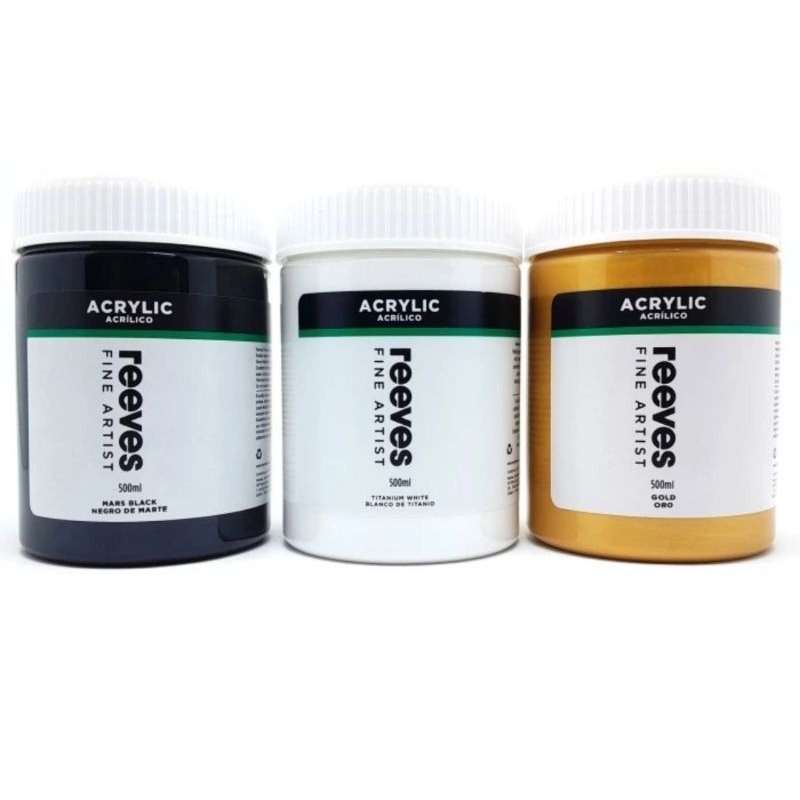 

Reeves Acrylic Paint Fine Artist 500 ml Titanium White / Mars Black / Gold