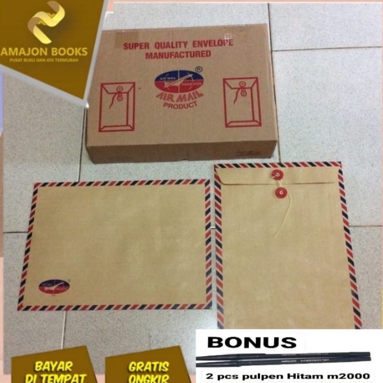 

Amplop Coklat Folio Air Mail 31 Tali 5 lembar Bonus 2 pcs Pulpen hitam joyko ART R3B7