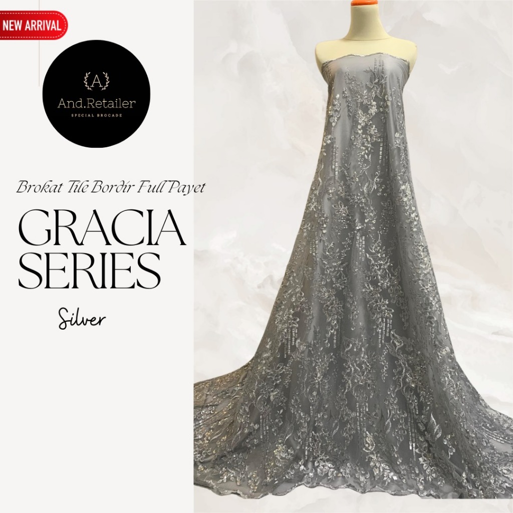 Bahan Kain Kebaya Brukat Tile Payet Sequin Gracia Warna Silver Grey