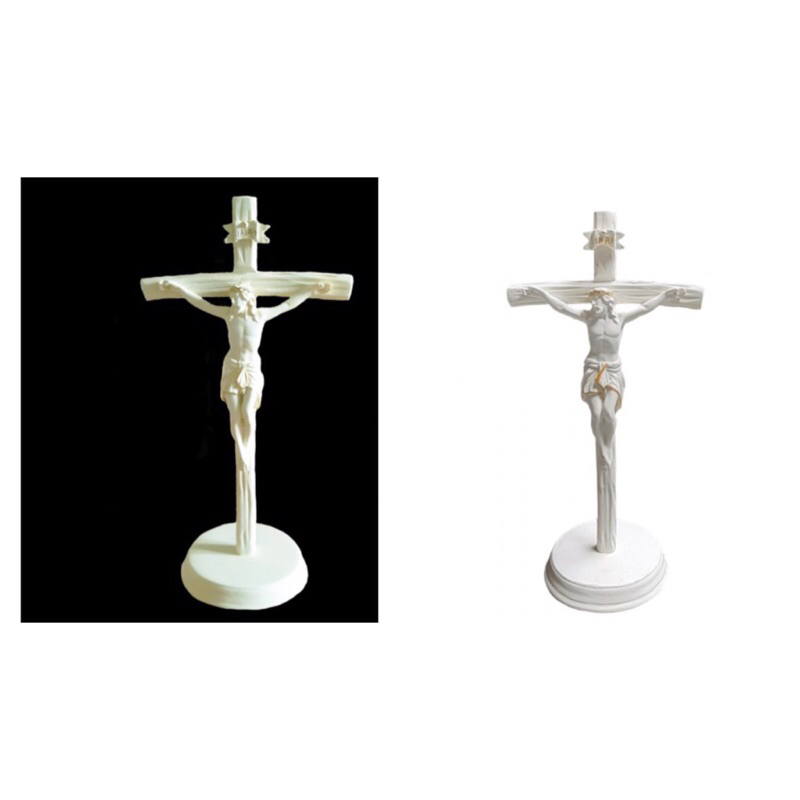 Salib Duduk Resin Motif Kayu Putih Lis Gold / Full Putih  25cm - Y109