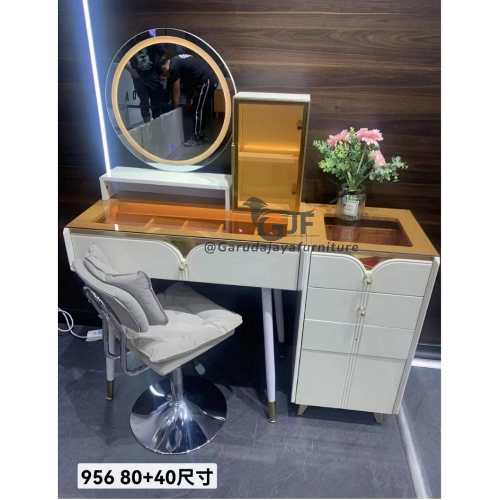 MEJA RIAS CERMIN LED BULAT /MEJA RIAS MINIMALIS/MEJA RIAS MODERN/MEJA RIAS PUTIH LENGKAP DENGAN KURS