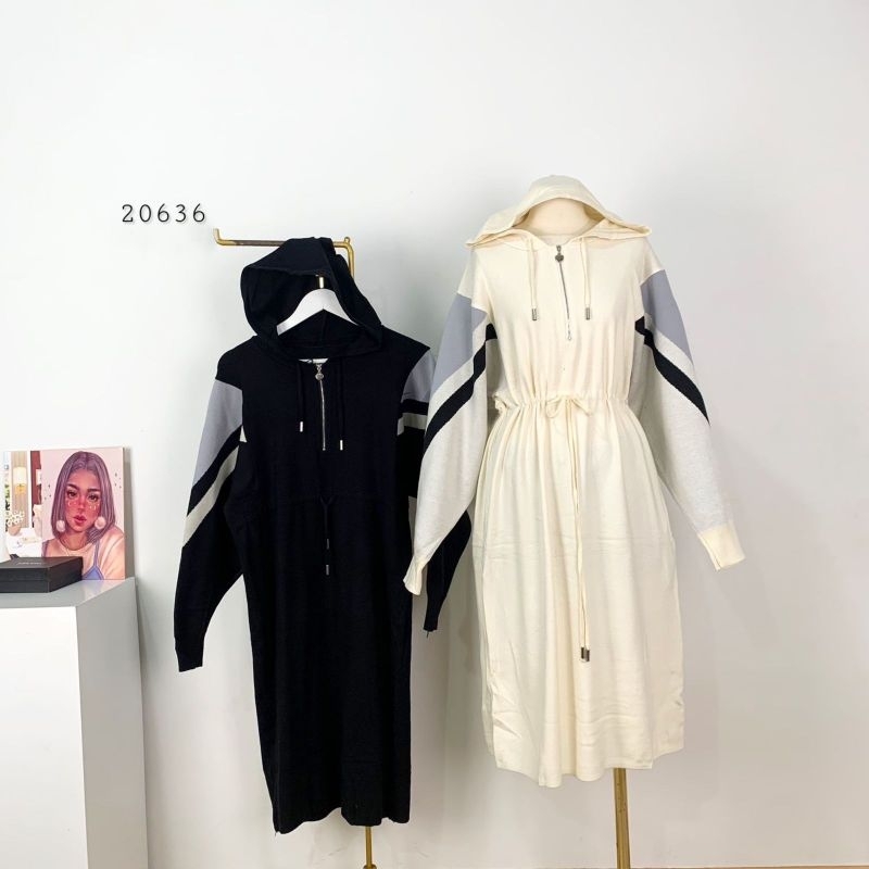 20636 Dress Rajut Tebal Variasi Dress Hoodie Lengan Panjang Variasi Motif Garis Premium Wanita | Tun