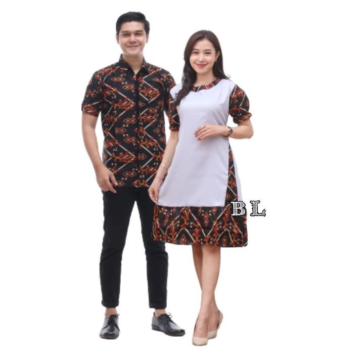 Fairyrozi Couple Dress A Songket Putih Batik Wanita & Kemeja Lengan Pendek Bahan Premium
