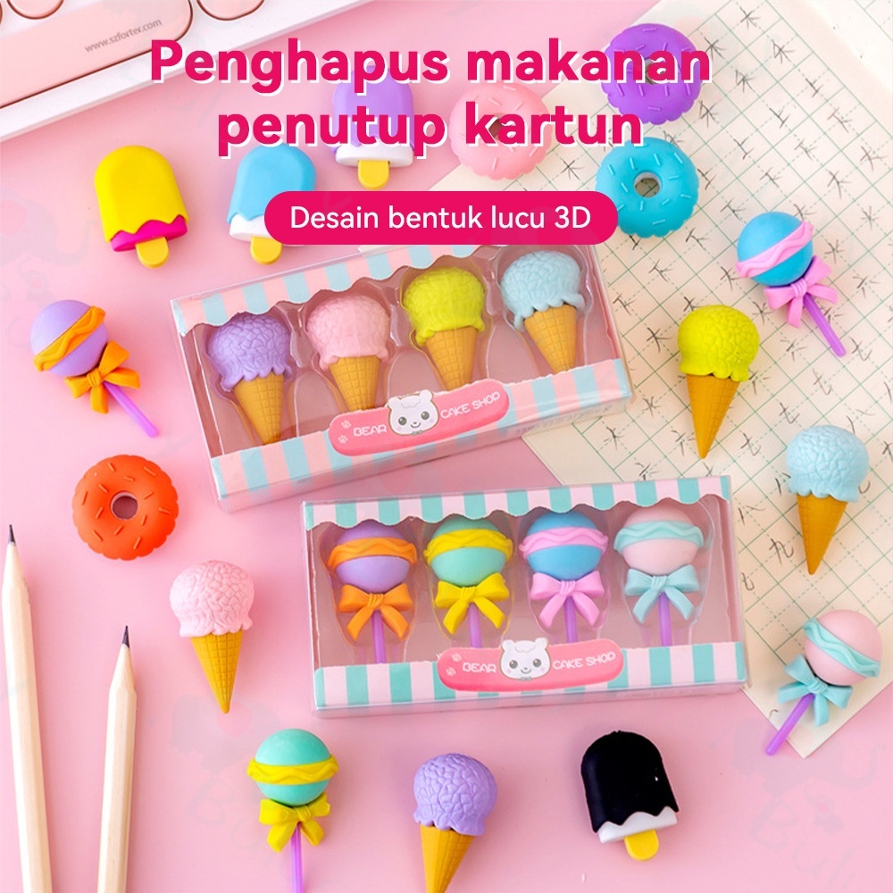 

4pcs/Set Penghapus pensil karakter kartun Eraser model ice cream donat lollipop popsicle Penghapus lucu untuk anak sekolah pelajar kantor