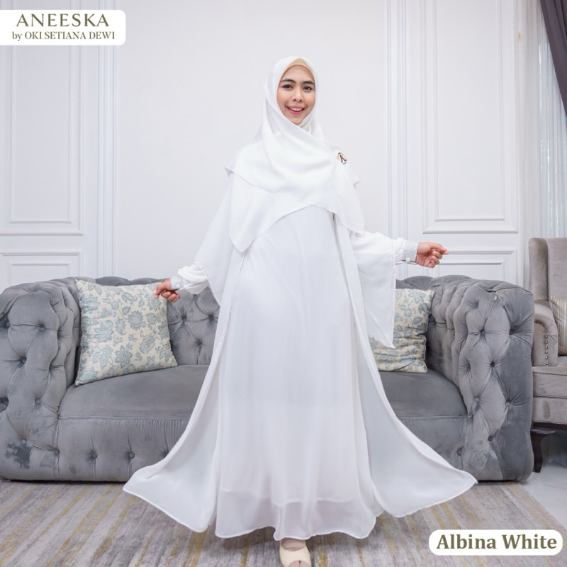 Gamis Lebaran Albina White Premium Aneeska by Oki Setiana Dewi