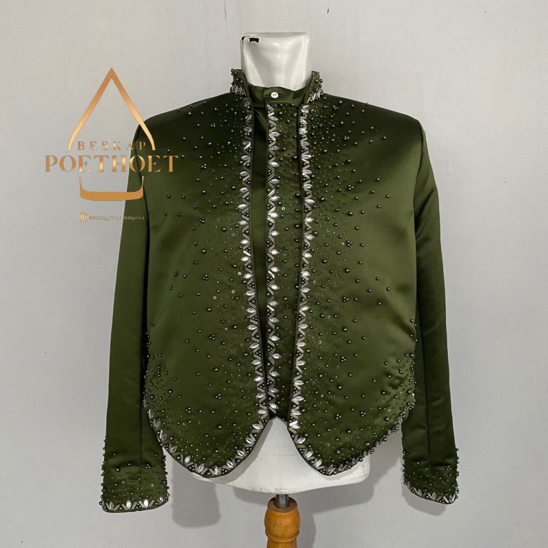 beskap pengantin hijau army premium bahan bridal silk halus solo hewes krowok Jawa hijau army Payet Silver