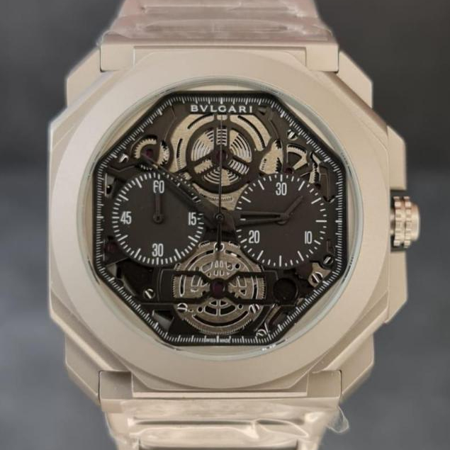 JAM TANGAN PRIA BVLGARI OKTO SKELETON LUXURY CHRONO AKTIF JAPAN QUARTZ STRAP SILVER PLAT HITAM