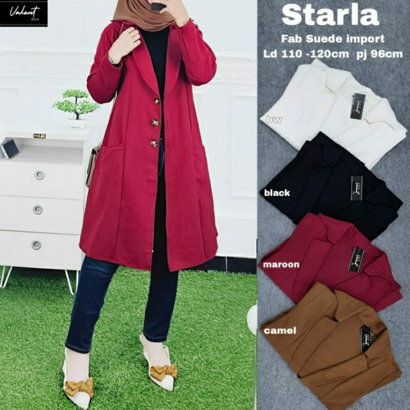 Starla Long Tunik Polos Suede Import Blazer Model Kekinian Best Seller Ori Valent Hijab