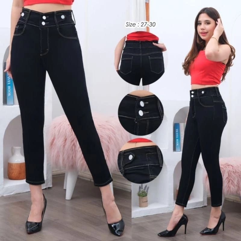 CELANA WANITA 7/9  HITAM HIGHWASIT  BELAKANG KARET JUMBO