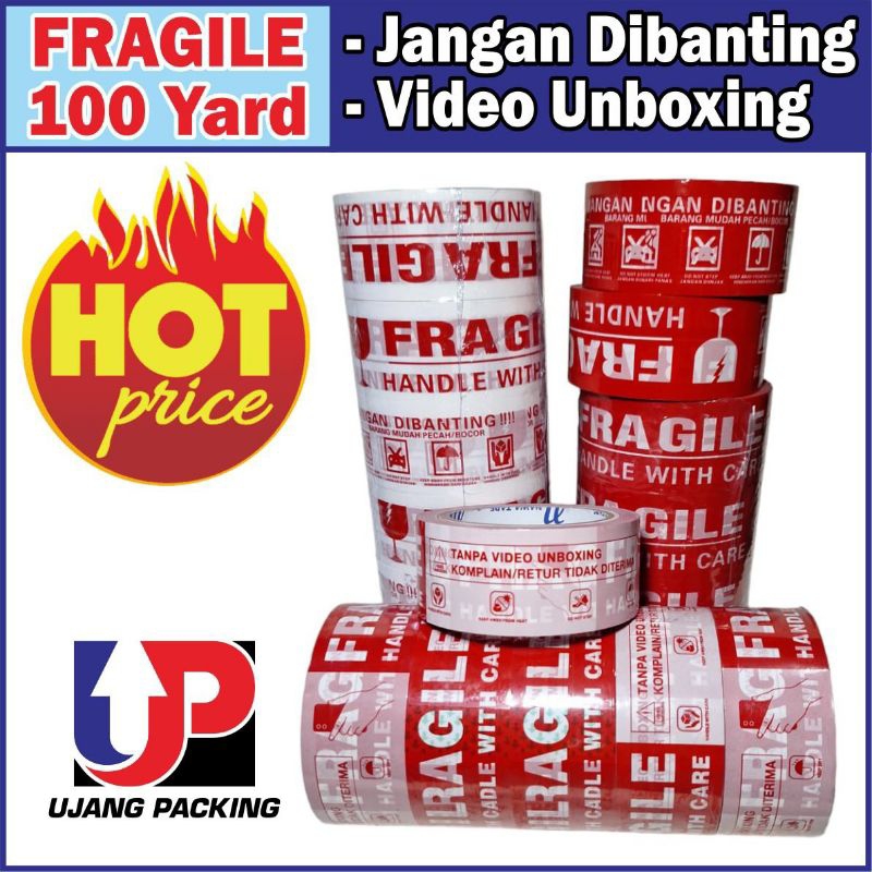 

72Roll (1Dus/karton) LAKBAN FRAGILE MERAH/PUTIH 48X72 YARD/48X100 YARD