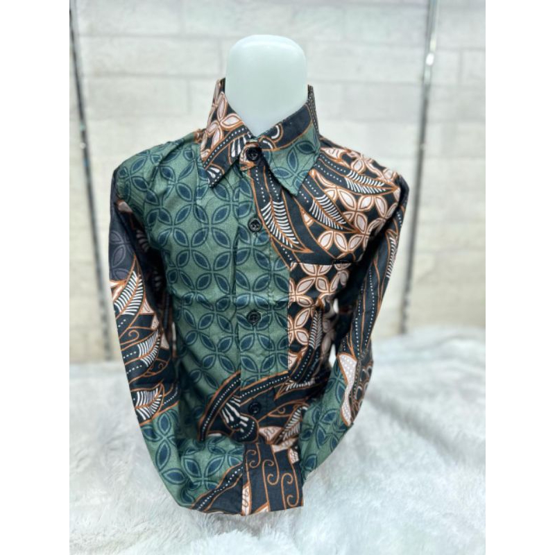 kemeja batik anak lengan panjang biru dan hijau botol