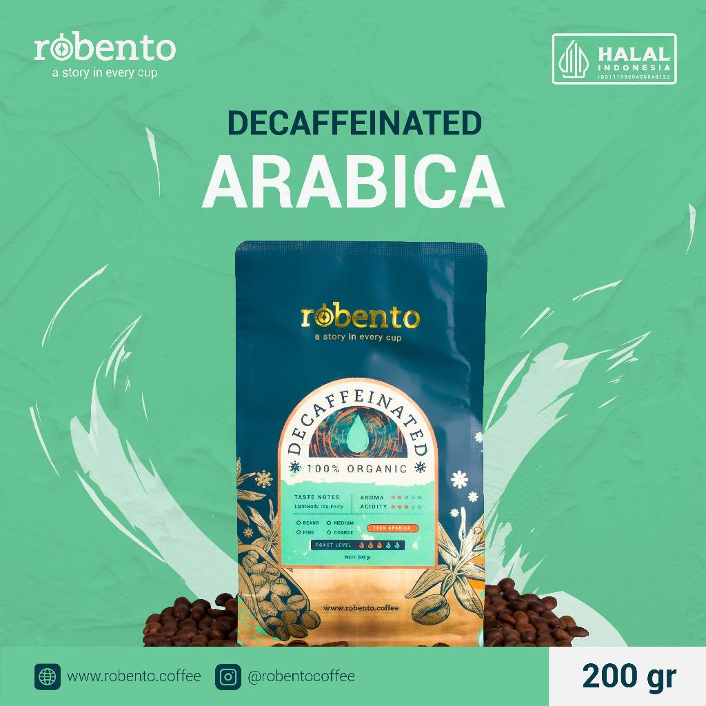 

Robento - Decaf Arabica 100% Grade 1 200gr | Dekaf Arabika | Biji Kopi Sangrai Kualitas Ekspor | Roasted Coffee beans