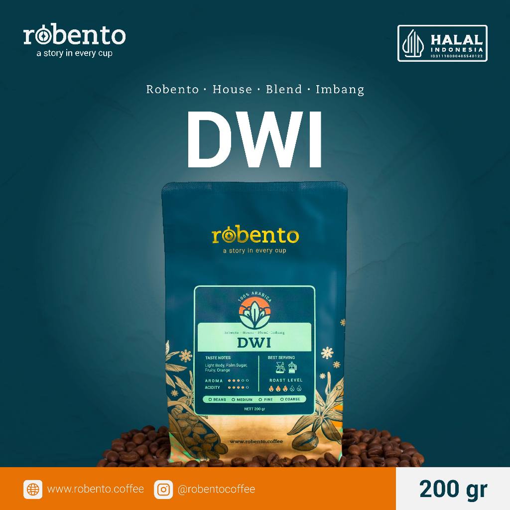 

Robento - Italian Blend DWI 200gr | Premium 100% Arabica Blend | Biji Kopi Sangrai Kualitas Ekspor | Roasted Coffee beans