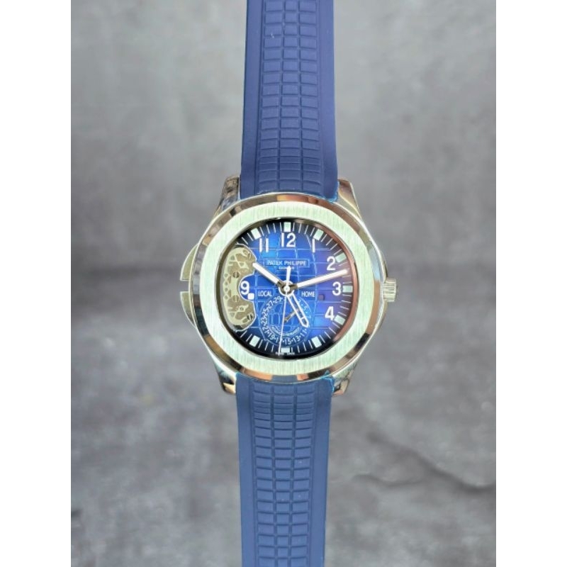 JSP 2087 JAM TANGAN PRIA PATEK PHILIPE AQUANATE TRAVEL TIME SKELETON BLUE CHRONO RUBBER SUPER PREMIU